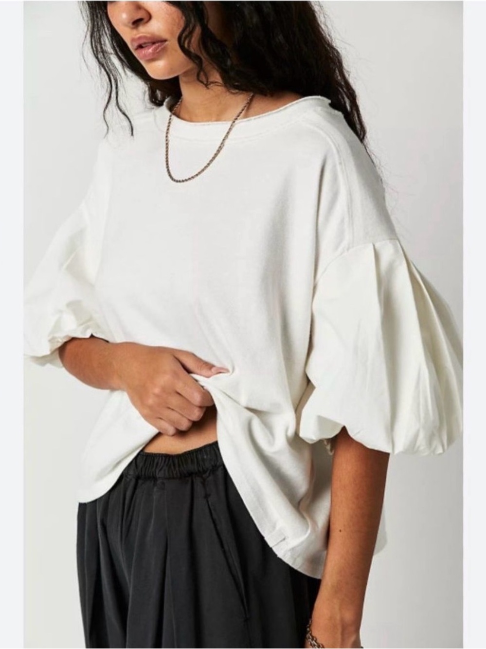 We The Free Blossom Tee Puffy Sleeve 100% Cotton Top White | Size M